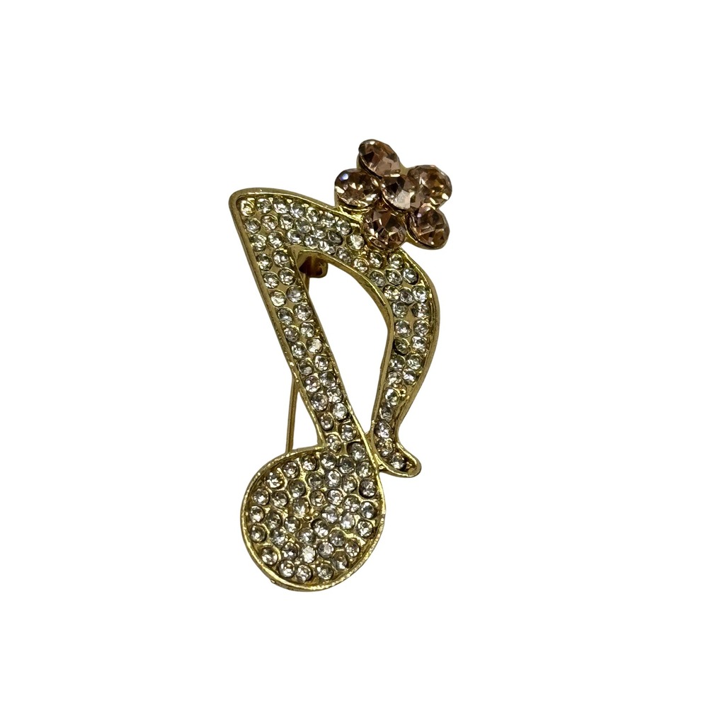 Gold Tone Rhinestone Musical Eighth Note Brooch Flower Accent Crystal Pin Y2K